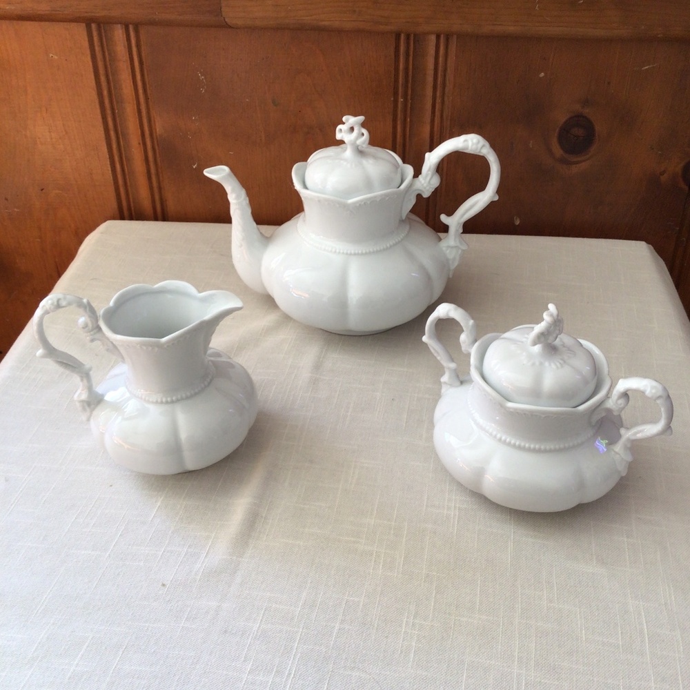 White Teapot with Matching Creamer and Sugar Pot